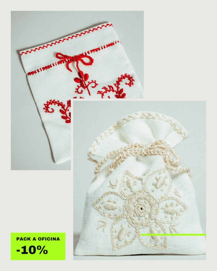 Sacos de linho com bordado de Guimarães do Pack Bordado de Guimarães, feitos por artesãs certificadas