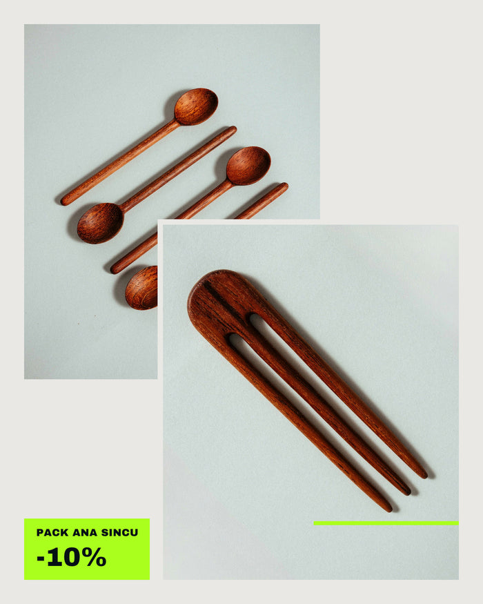 Pack Madeira Talhada: colheres de café e gancho de cabelo